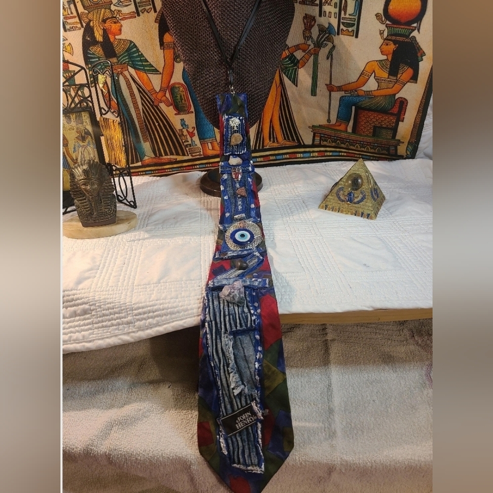 Unisex  MEN OR WOMEN Blue Jeans And A Blend OF Silk FABRIC Necktie Necklace